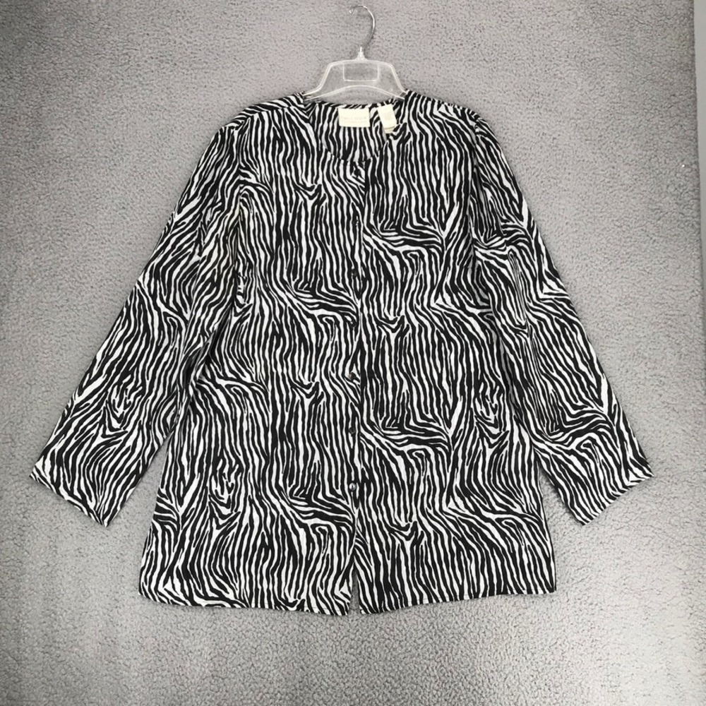 First Issue Zebra Print Tunic Top Size 14 Long Sleeve Button Up Black White